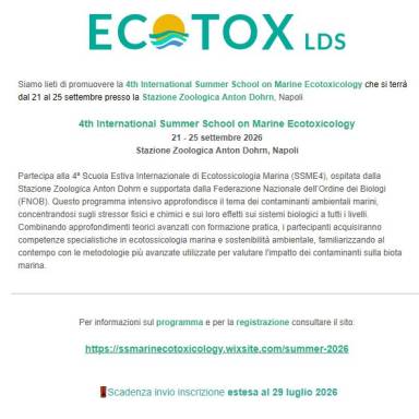 ECOTOX: IV scuola internazionale estiva di tossicologia marina dal 21 al 25 settembre 2026 presso la Stazione zoologica Anton Dohrn di Napoli